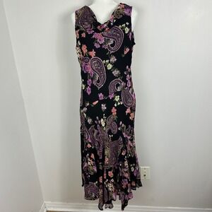 Vintage Y2K Drape Front Dark Floral Sequin Maxi Dress Womens Size 16 Fits Medium
